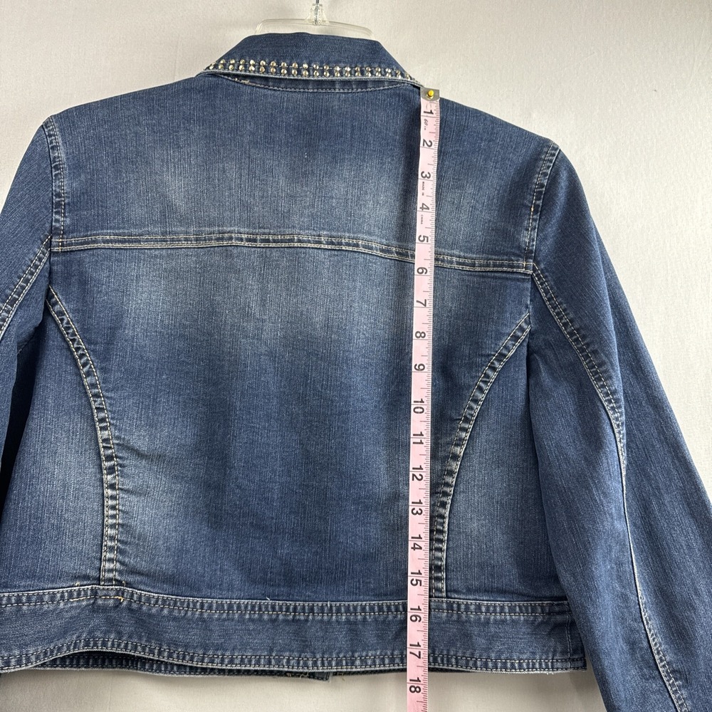Chicos 1 Platinum Denim Jacket Womens Cropped Rhinestone Bling size Medium - Picture 7 of 12
